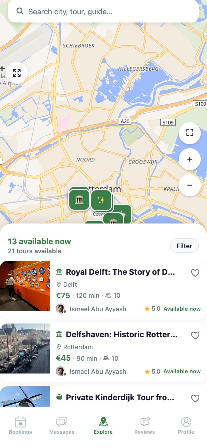 The TourGuys app showing available guides on a map of Rotterdam with their tours listed underneath.